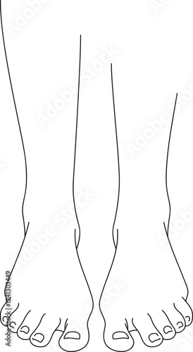 black and white line drawing of a female foot. Illustration isolated on white background