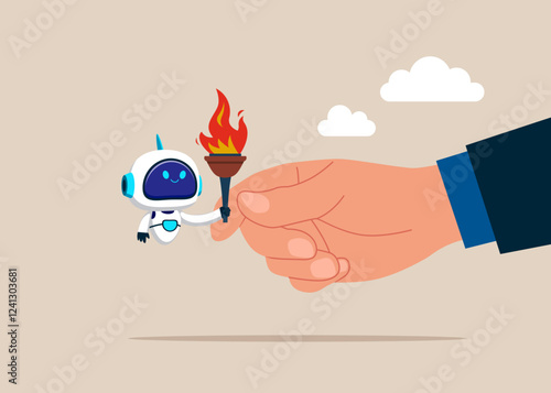 Change robot to achieve goal and win. Baton pass torch to successor. Flat vector illustration