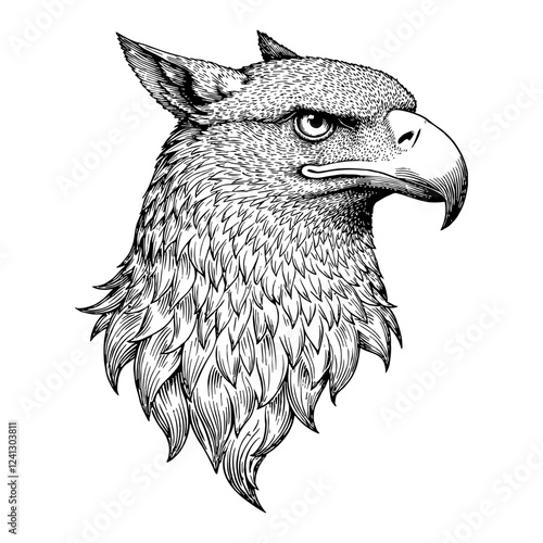 Griffin Head Engraving Black and White Illustration Detailed Outline Line Art Drawing Design