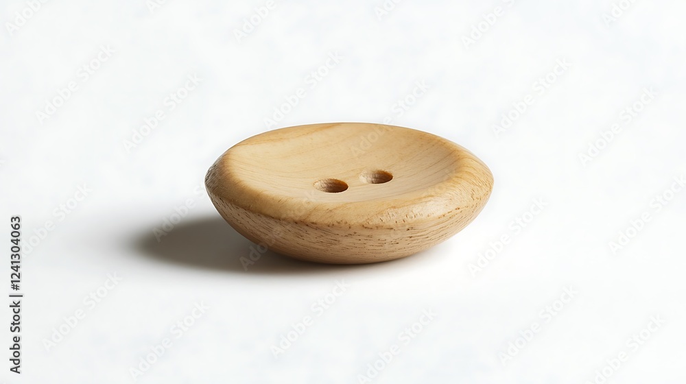 Close-up of a light brown wooden button on a white background. Possible use Sewing, crafting, design inspiration Close-up of a light brown wooden button on a white background. Possible use Sewing, crafting, design inspiration