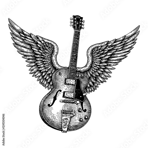 Guitar with Wings Detailed Black and White Outline Line Art Drawing in Woodcut Engraving Style