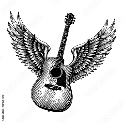 Guitar with Wings Black and White Outline Line Art Drawing Style with Detailed Engraving Style