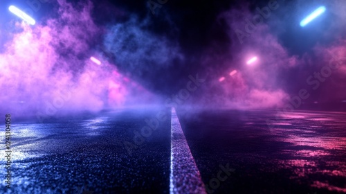 Wallpaper Mural Neon-lit Night Road, a Dramatic and Mysterious Landscape. Glowing Colors and Foggy Atmosphere. Empty Wet Urban Street with Lights Torontodigital.ca