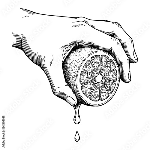 Hand Squeezing Half Lemon with Dripping Juice Black and White Outline Line Art Drawing