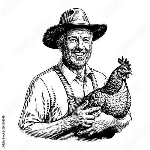 Happy Farmer Holding Chicken in Black and White Outline Line Art Drawing Illustration Style