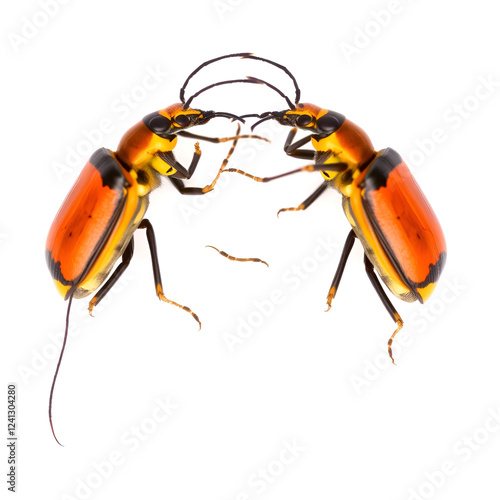 Chauliognathus marginatus - margined leatherwing or margined soldier beetle, side profile view of breeding pair isolated on white background photo