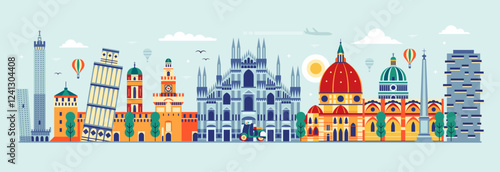 Travel Italy Panorama with Italian Landmarks