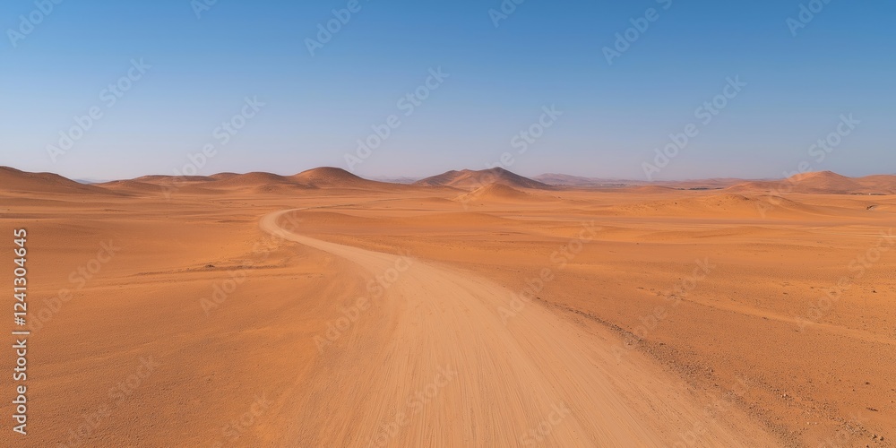 A long, empty road stretches across a vast, dry desert landscape. The sky above is a clear, bright blue, with no clouds in sight. The road is surrounded by sand dunes A long, empty road stretches across a vast, dry desert landscape. The sky above is a clear, bright blue, with no clouds in sight. The road is surrounded by sand dunes