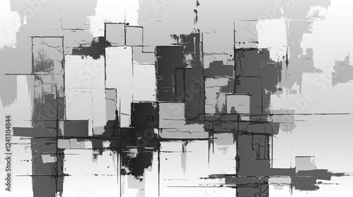 Abstract grayscale painting blends sharp geometric structures with expressive brushstrokes, creating a moody, architectural aesthetic. Black, white, and gray forms adds depth and intrigue