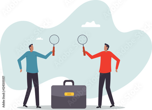 Suspicious or distrust partner, doubtful or pretending, analyzing fake or fraud,business concept.flat character.