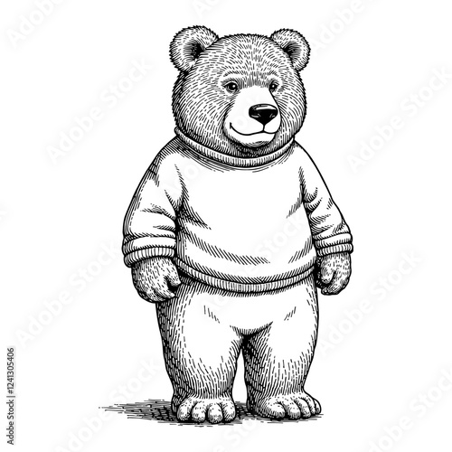 Bear Humanoid with Animal Head Wearing Sweater Black and White Outline Line Art Drawing