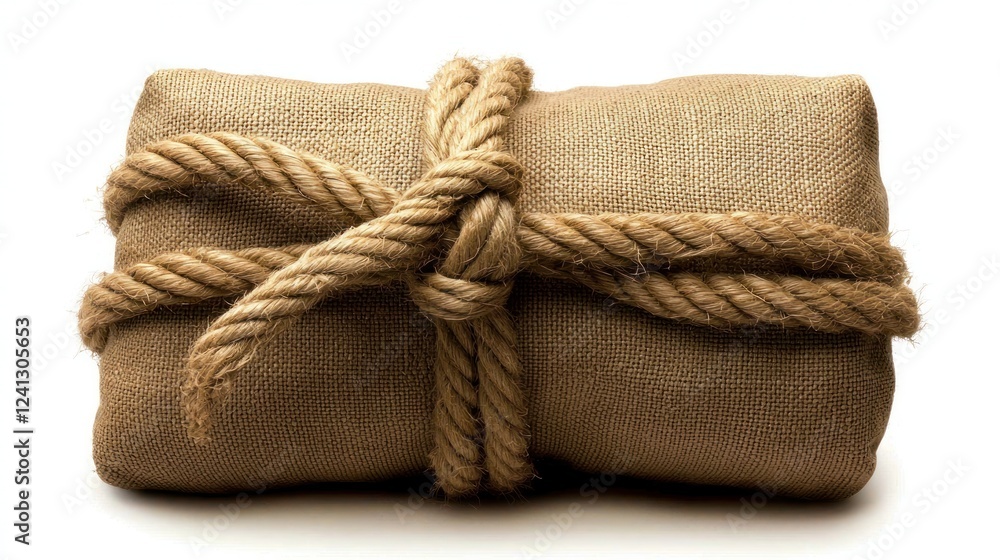Rustic burlap bundle tied with rope, showcasing simplicity and natural textures, ideal for craft Rustic burlap bundle tied with rope, showcasing simplicity and natural textures, ideal for craft