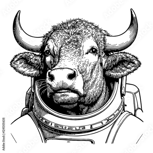 Detailed Bull Humanoid with Animal Head Smiling Wearing Astronaut Suit Black and White Outline Line Art Drawing