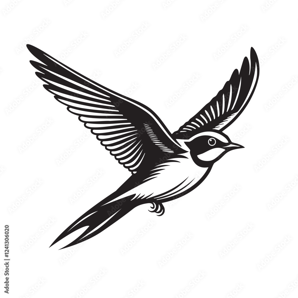Fototapeta premium Elegant monochrome illustration of a barn swallow in flight, showcasing graceful wings, a forked tail, and intricate line details, symbolizing freedom. Bird. Wildlife Animals.