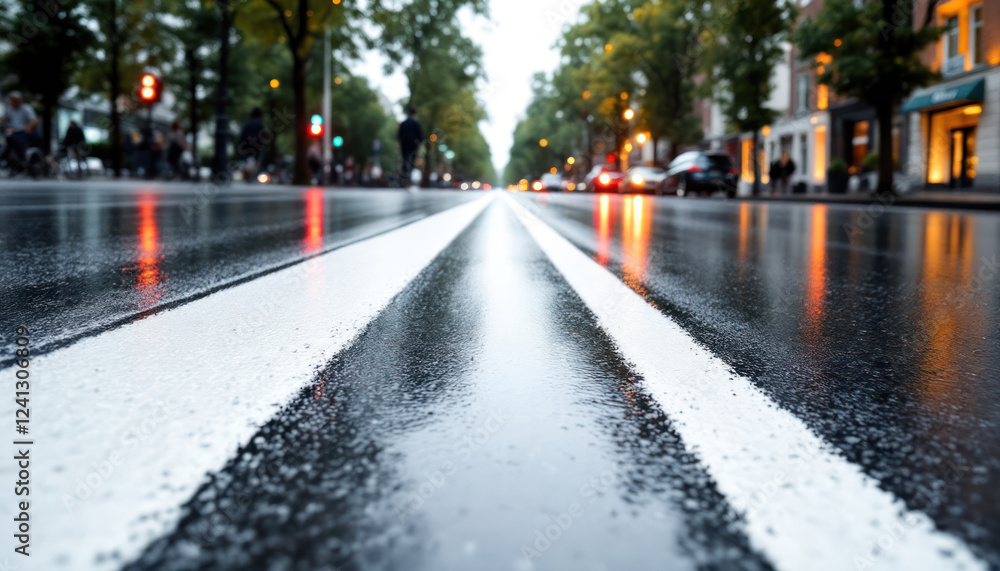 Wet City Street Showing Double White Lines Wet City Street Showing Double White Lines