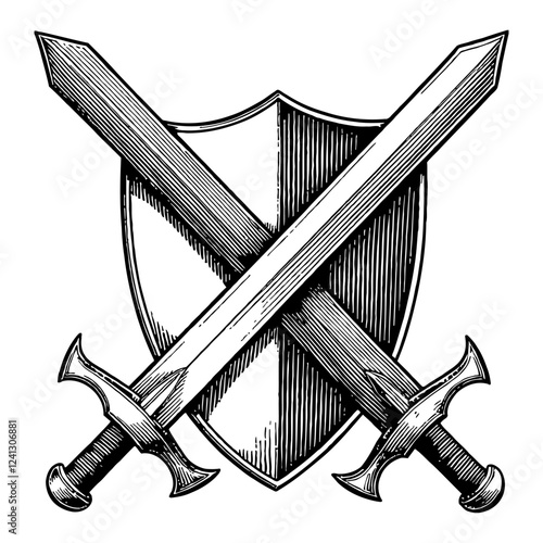 Crossed Swords and Shield Medieval Logo Black and White Outline Line Art Drawing 
