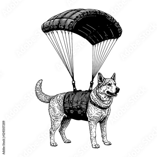 Dog Wearing Parachute with Harness Black and White Outline Line Art Drawing Illustration 