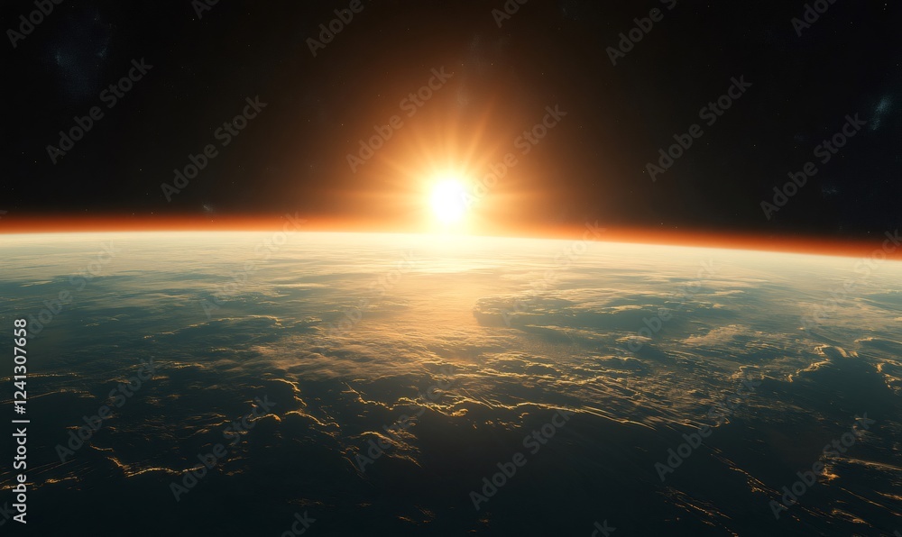 Sunlight rising over earth's horizon, creating a vibrant orange glow in the atmosphere as seen from space Sunlight rising over earth's horizon, creating a vibrant orange glow in the atmosphere as seen from space
