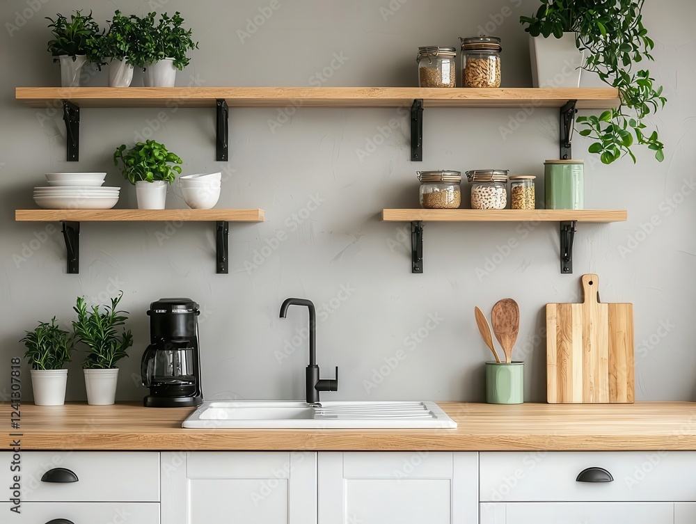 Fototapeta premium Open shelving solutions for a small kitchen, combining aesthetics and practicality in a compact space