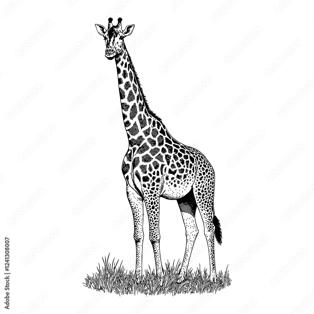 Obraz premium Elegant Giraffe Standing Tall in Savannah Black and White Outline Line Art Drawing
