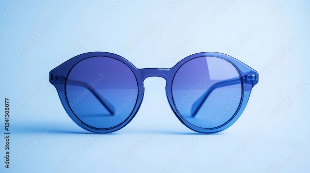 Fototapeta premium Stylish round sunglasses with blue lenses placed against a light background emphasizing their modern design and color