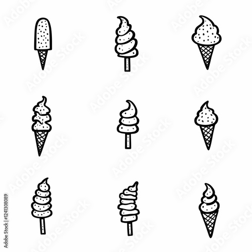 Black icon Ice cream, eskimo, waffle cone. Set of elements in doodle and cartoon style. Colorful. Vector. EPS 8