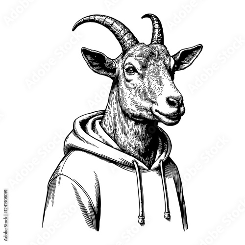 Engraving Style Goat Anthropomorphic Animal in Hoodie Black and White Outline Line Art Drawing