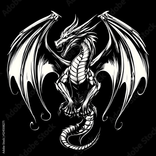 Dragon graphic, black and white, fantasy style photo