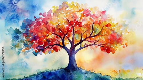 Wallpaper Mural Colorful autumn tree on a grassy hill under a vibrant sky Torontodigital.ca