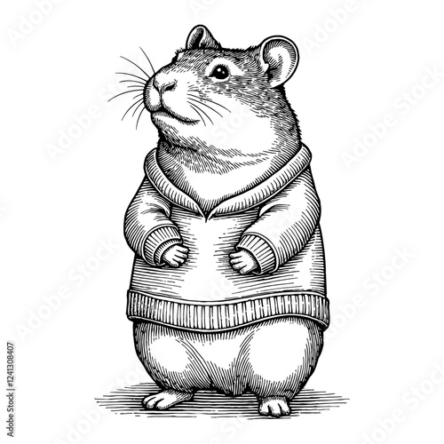 Hamster Standing Wearing Sweater with Animal Head in Black and White Outline Line Art Drawing