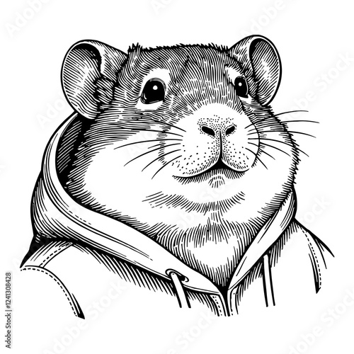 Hamster Head Wearing Hoodie Detailed Black and White Outline Line Art Drawing Illustration