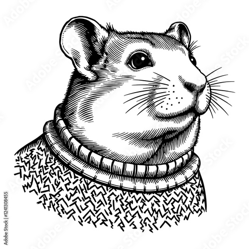 Hamster in Sweater Detailed Black and White Vintage Style Outline Line Art Drawing