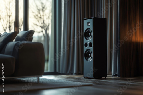 High-end floor-standing sound speaker in modern living room. Premium home audio system with powerful bass. Hi-fi stereo setup for music lovers and audiophiles. Stylish home entertainment technology