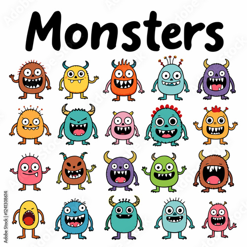 Cute monster set. Happy Halloween. Colorful silhouette monsters. Different faces. Eyes teeth, horns, hands. Kawaii cartoon funny boo character. Childish style. Flat design. White background. Vector	