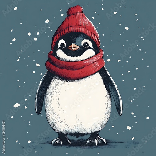 Cute penguin in winter hat and scarf, snowy background, illustration photo