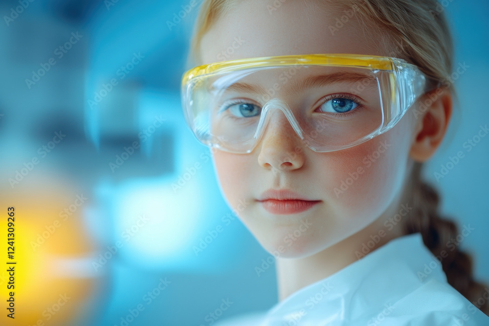 Young Caucasian girl in safety glasses exploring science lab with a focused expression, close up portrait Young Caucasian girl in safety glasses exploring science lab with a focused expression, close up portrait
