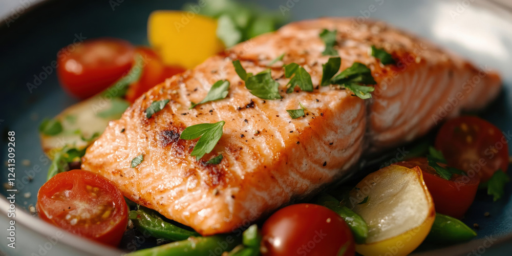 Grilled salmon fillet on a bed of vegetables with cherry tomatoes and fresh herbs garnishing a blue plate Grilled salmon fillet on a bed of vegetables with cherry tomatoes and fresh herbs garnishing a blue plate