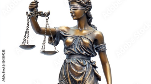 Bronze statue of Lady Justice holding scales, isolated white background. Possible use Law, justice, legal concepts photo