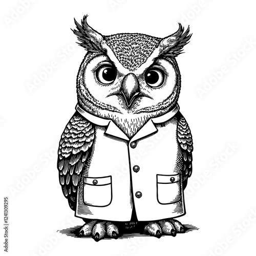 Cute Owl Doctor Costume with Detailed Feathers Black and White Outline Line Art Drawing