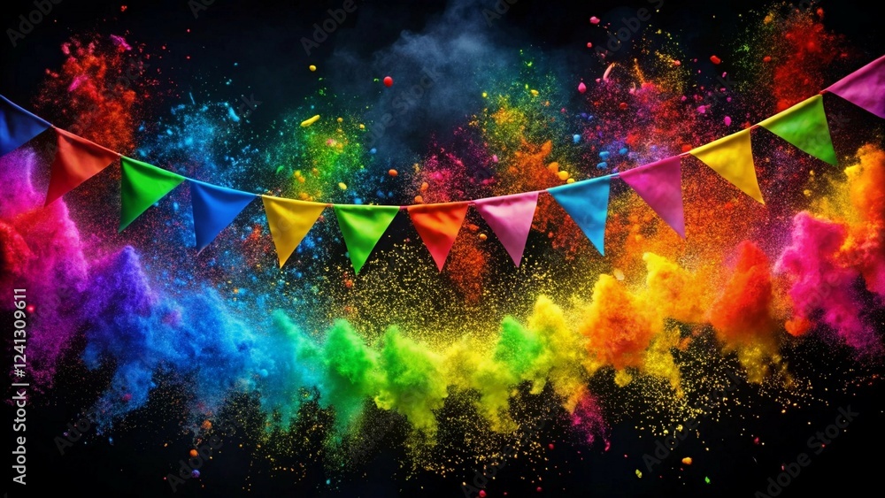 Obraz premium A vibrant explosion of rainbow Holi paint powder bursts, a festive, colorful party garland banner full of energy and joy