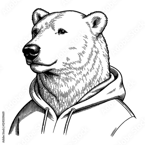 Polar Bear Head with Hoodie Detailed Black and White Outline Line Art Drawing Illustration