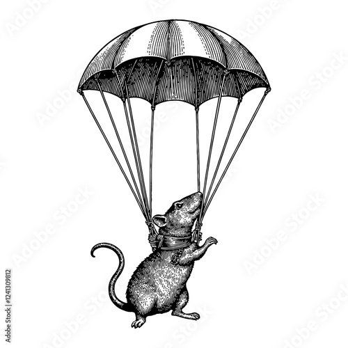 Rat Wearing Parachute with Detailed Black and White Antique Outline Line Art Drawing 