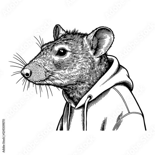 Rat with Hoodie in Side View Detailed Black and White Outline Line Art Drawing Illustration