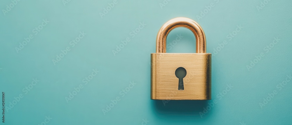 Fototapeta premium A close-up view of a brass padlock on a turquoise background, symbolizing security and protection in the digital age.