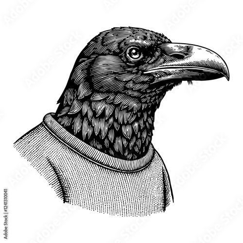 Anthropomorphic Raven Wearing Sweater in Black and White Outline Line Art Drawing