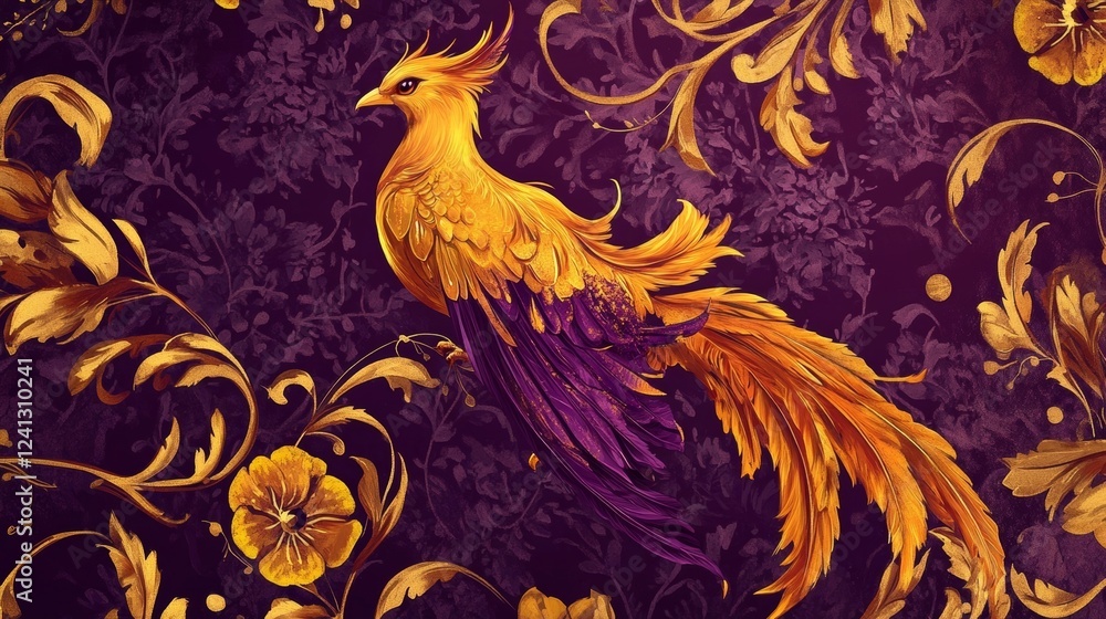 Vibrant phoenix surrounded by intricate floral patterns in a rich purple backdrop showcases artistic design Vibrant phoenix surrounded by intricate floral patterns in a rich purple backdrop showcases artistic design