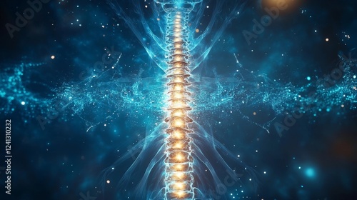 Visual representation of human spine illuminated within a cosmic background showcasing energy and light