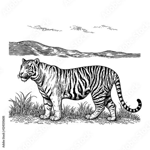 Tiger Standing in Savannah Detailed Black and White Outline Line Art Drawing Style Illustration