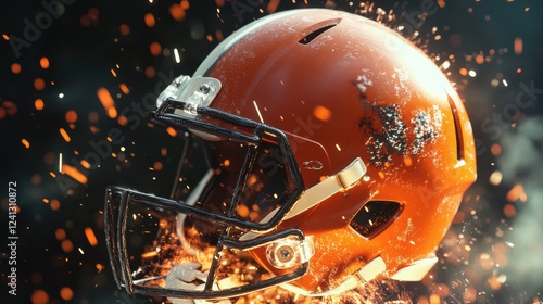 Dynamic Action Shot of an Orange Football Helmet with Sparks