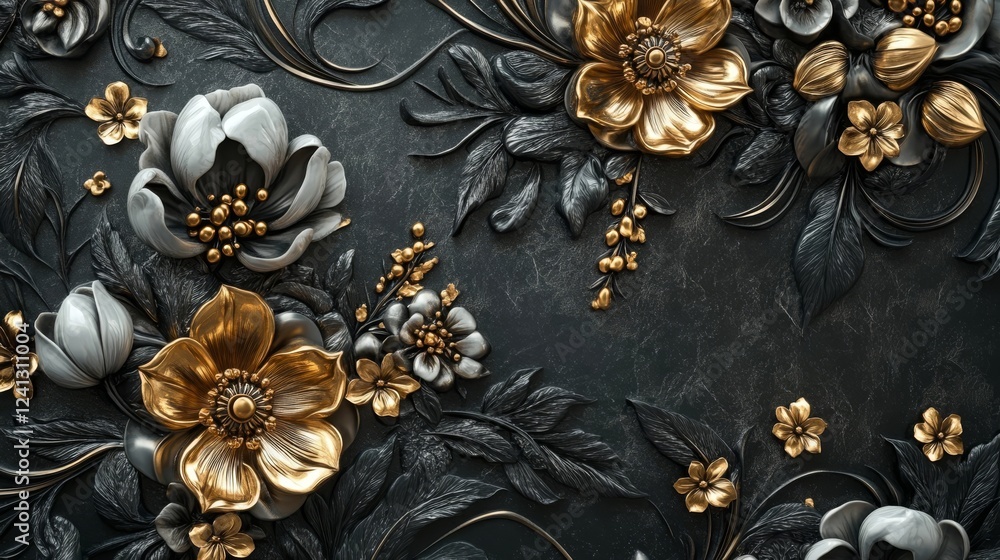 Obraz premium Floral relief art featuring gold and black detailing with intricate designs showcasing blooms and leaves